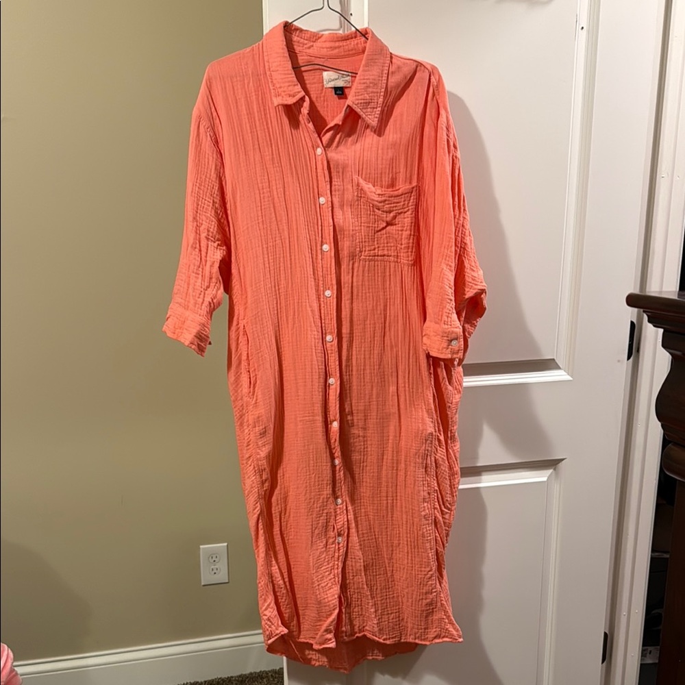 Coral Button-Up Shirt Dress